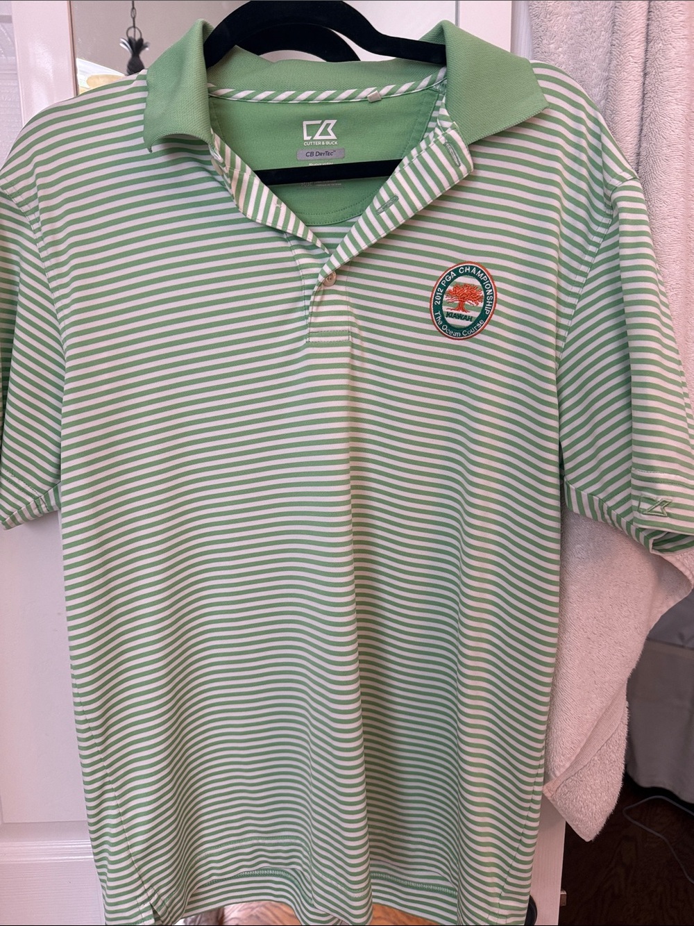 KIAWAH- Ocean course- Cutter & Buck Green and White Striped Performance Polo